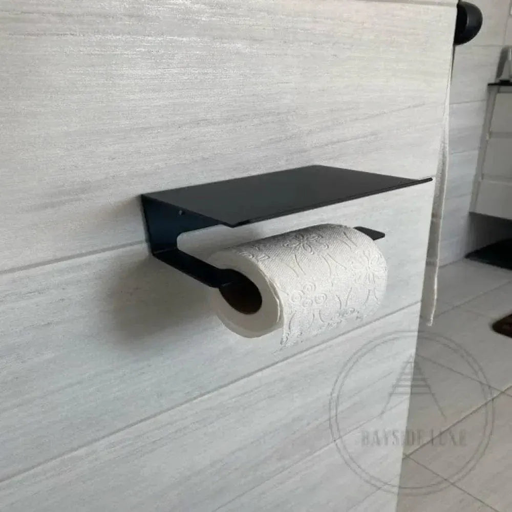 Bathroom Accessory Sets Luxe Abode - Toilet Roll Holder and Phone Shelf in One - Matt Black and Silver