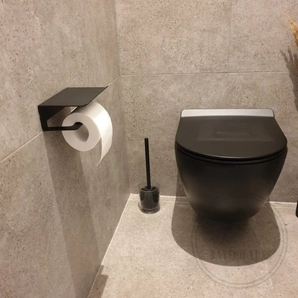 Bathroom Accessory Sets Luxe Abode - Toilet Roll Holder and Phone Shelf in One - Matt Black and Silver