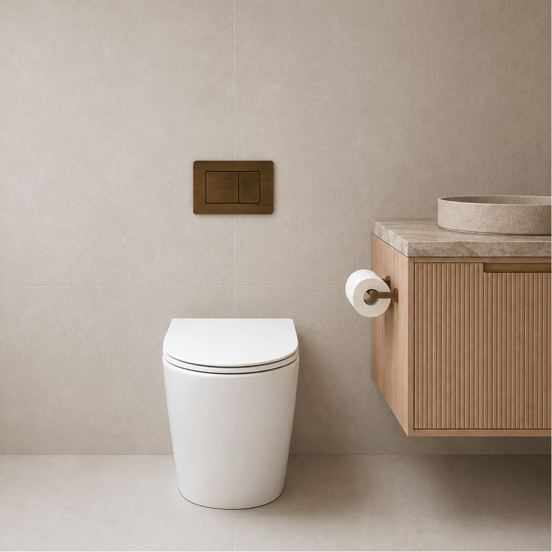 Bathroom Noosa Ceramic Toilet with Rectangle Antique Brass Flush Plate
