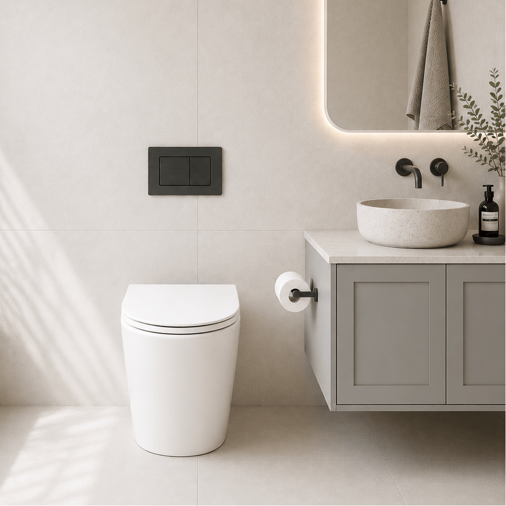 Bathroom Noosa Ceramic Toilet with Rectangle Gunmetal Flush Plate