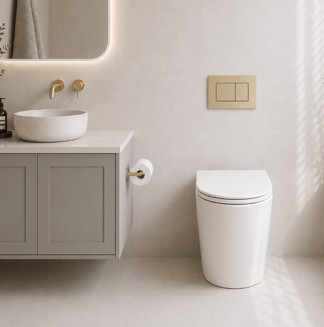 Bathroom Noosa Ceramic Toilet with Rectangle Satin Brass Flush Plate