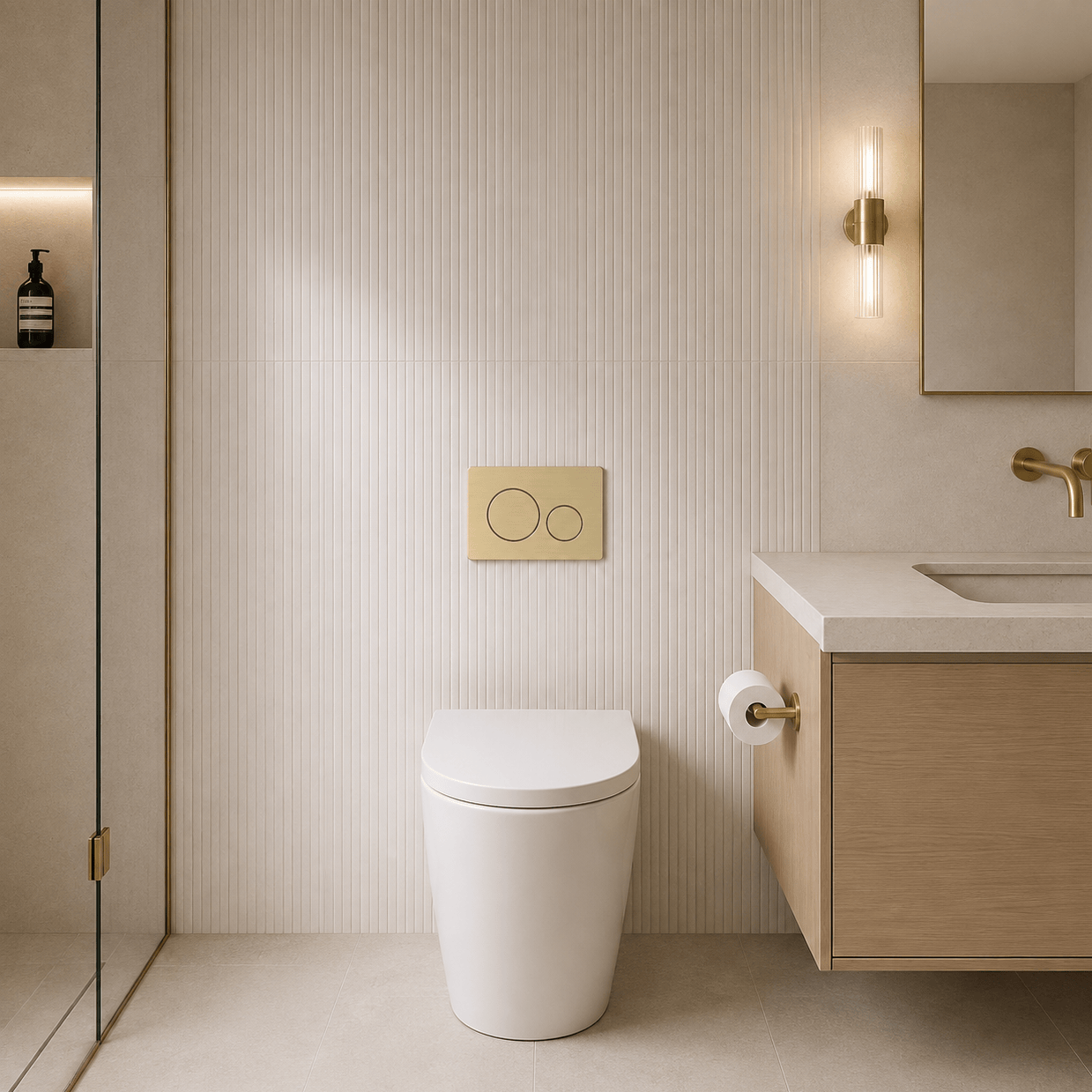 Bathroom Noosa Ceramic Toilet with Round Satin Brass Flush Plate