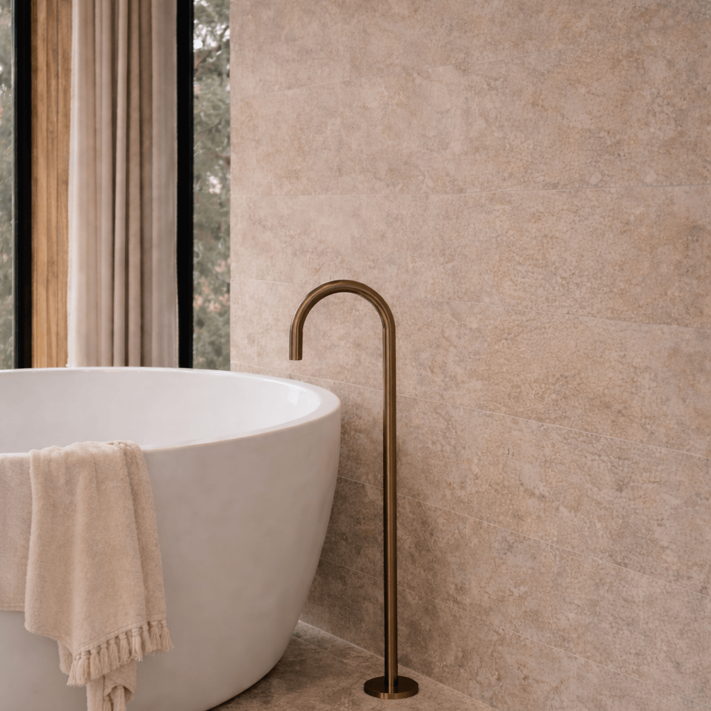 Bathroom Portsea Knurled Floor Mount Bath Tap - Antique Brass
