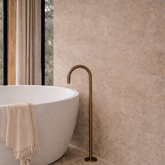 Bathroom Portsea Knurled Floor Mount Bath Tap - Antique Brass