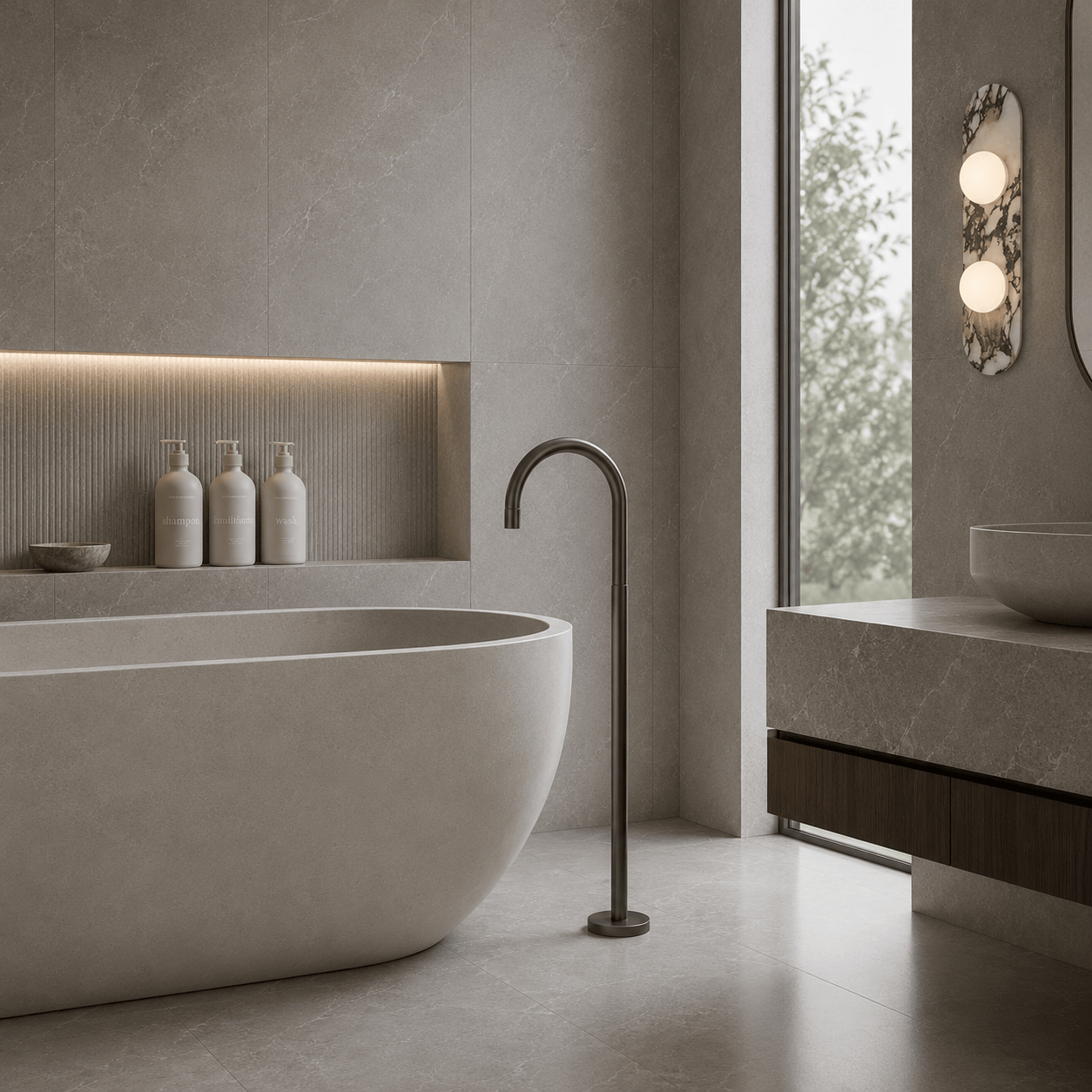 Bathroom Portsea Knurled Floor Mount Bath Tap - Gunmetal