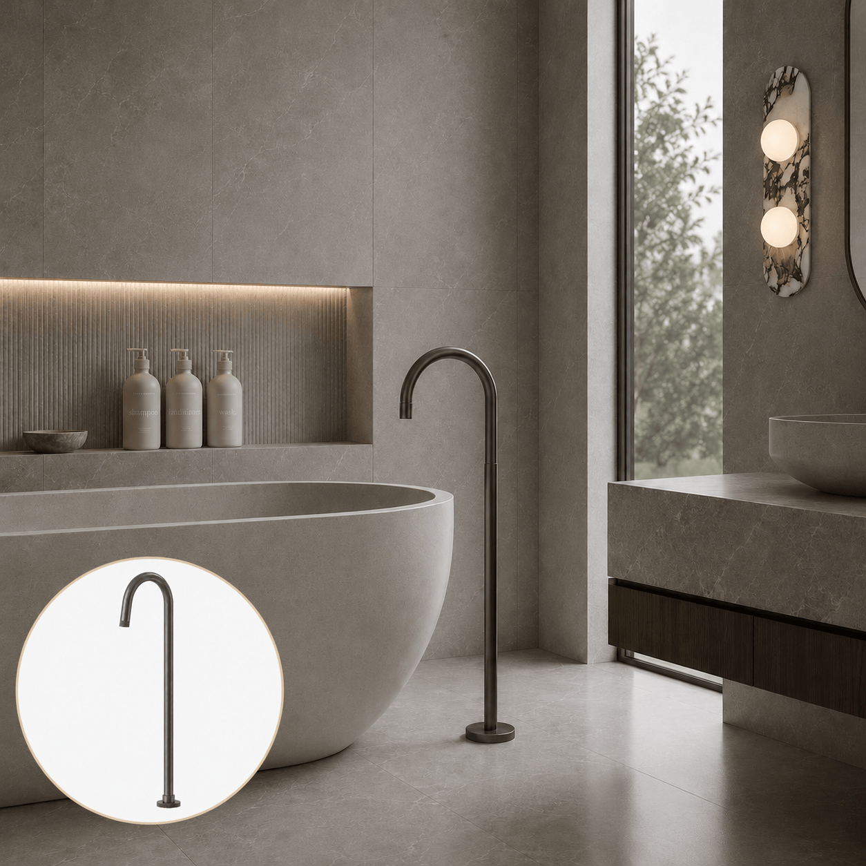 Bathroom Portsea Knurled Floor Mount Bath Tap - Gunmetal