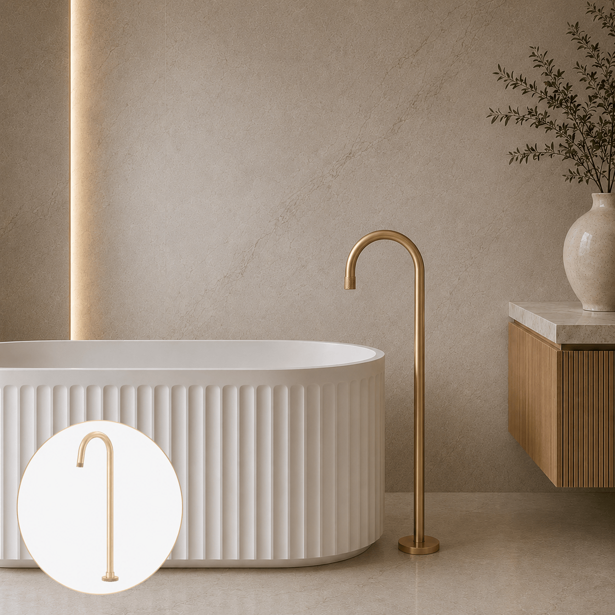 Bathroom Portsea Knurled Floor Mount Bath Tap - Satin Brass
