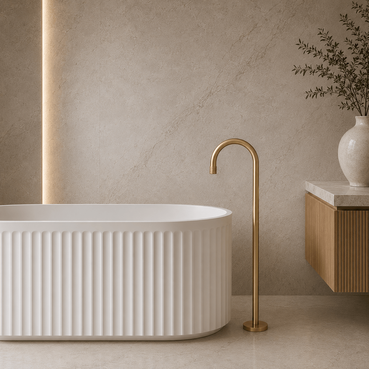 Bathroom Portsea Knurled Floor Mount Bath Tap - Satin Brass