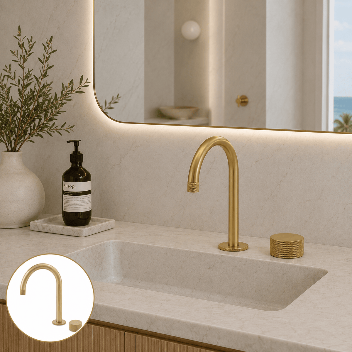 Bathroom Portsea Knurled Spout and Single Mixer - Satin Brass