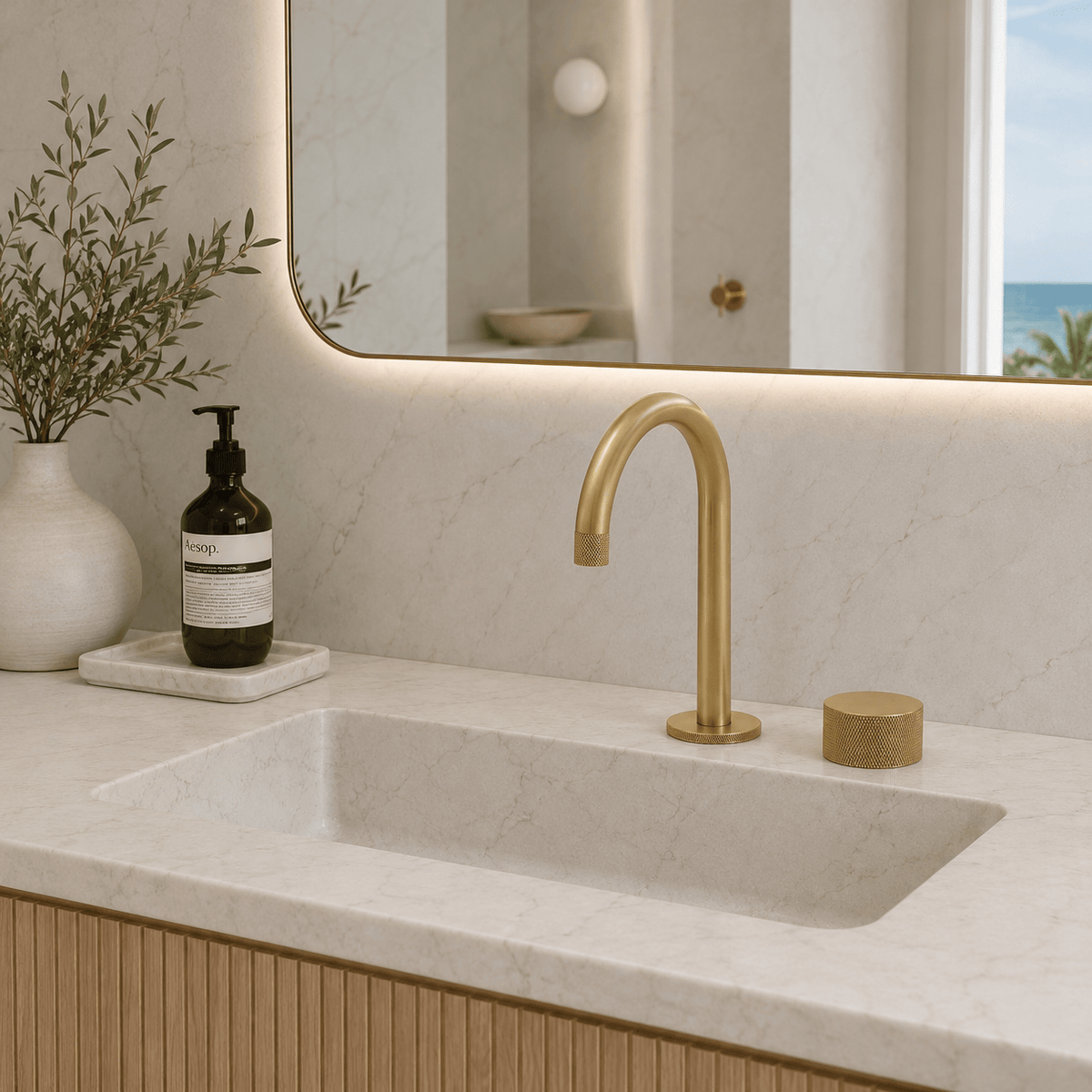 Bathroom Portsea Knurled Spout and Single Mixer - Satin Brass