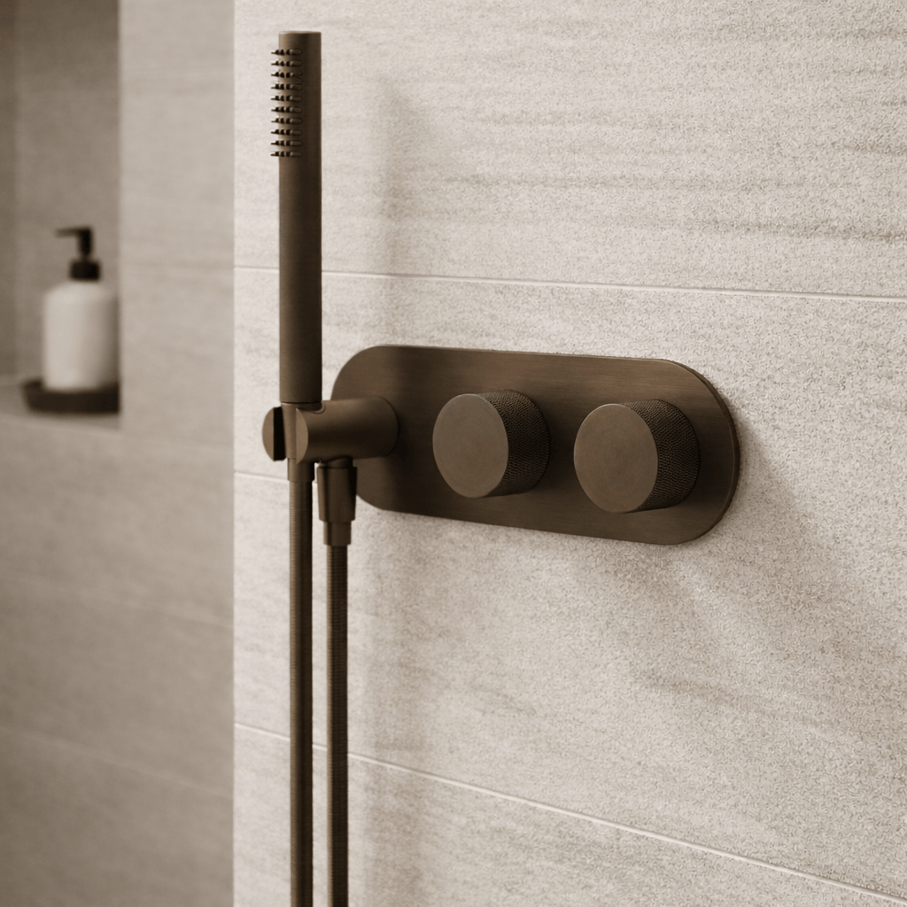 Bathroom Portsea Knurled Wall Mount Hand Shower and Mixers Antique Brass