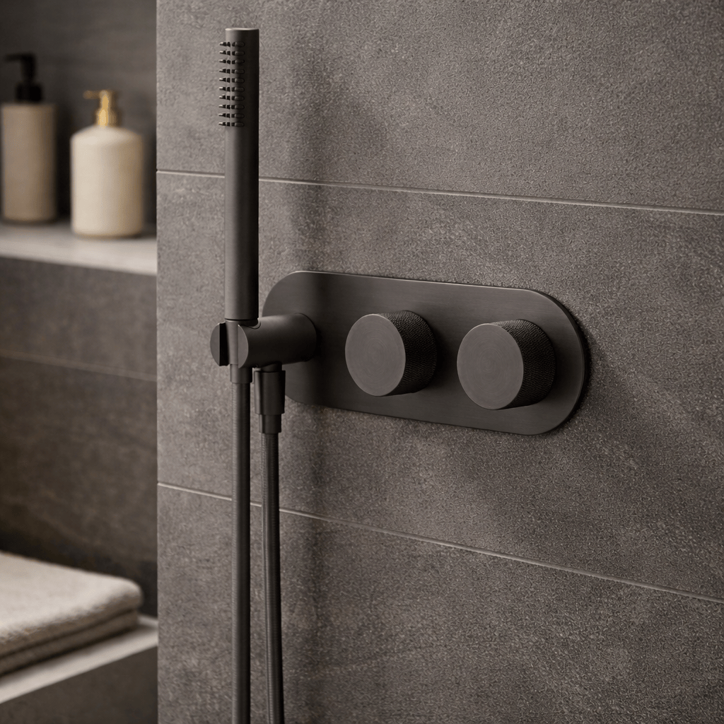 Bathroom Portsea Knurled Wall Mount Hand Shower and Mixers Gunmetal
