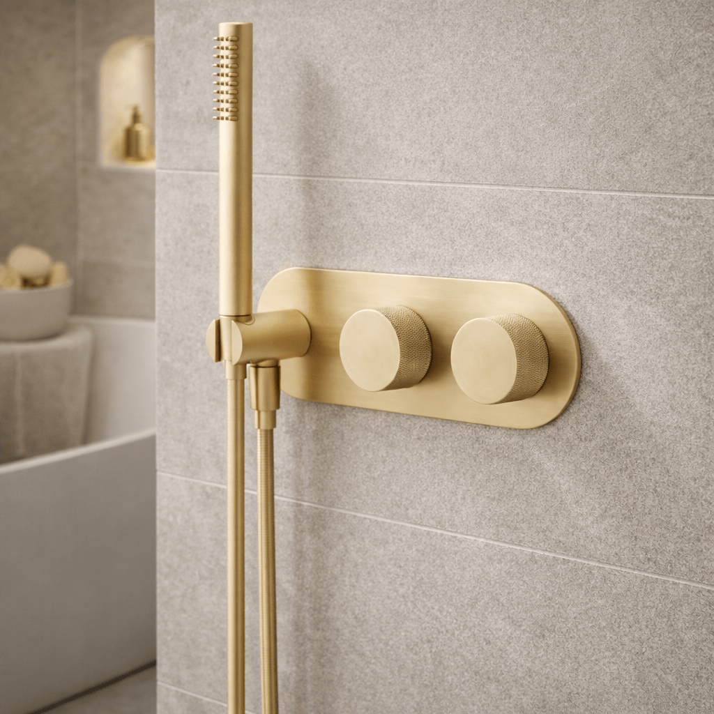 Bathroom Portsea Knurled Wall Mount Hand Shower and Mixers Satin Brass