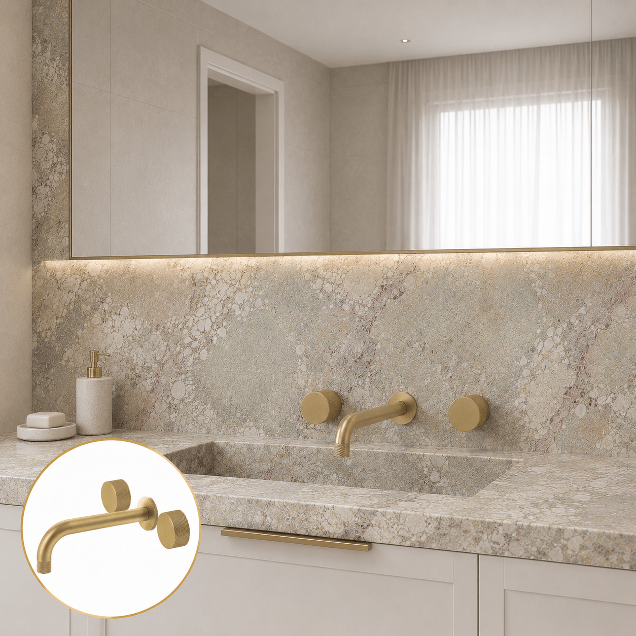 Bathroom Portsea Knurled Wall Mount Spout and Dual Mixer - Satin Brass