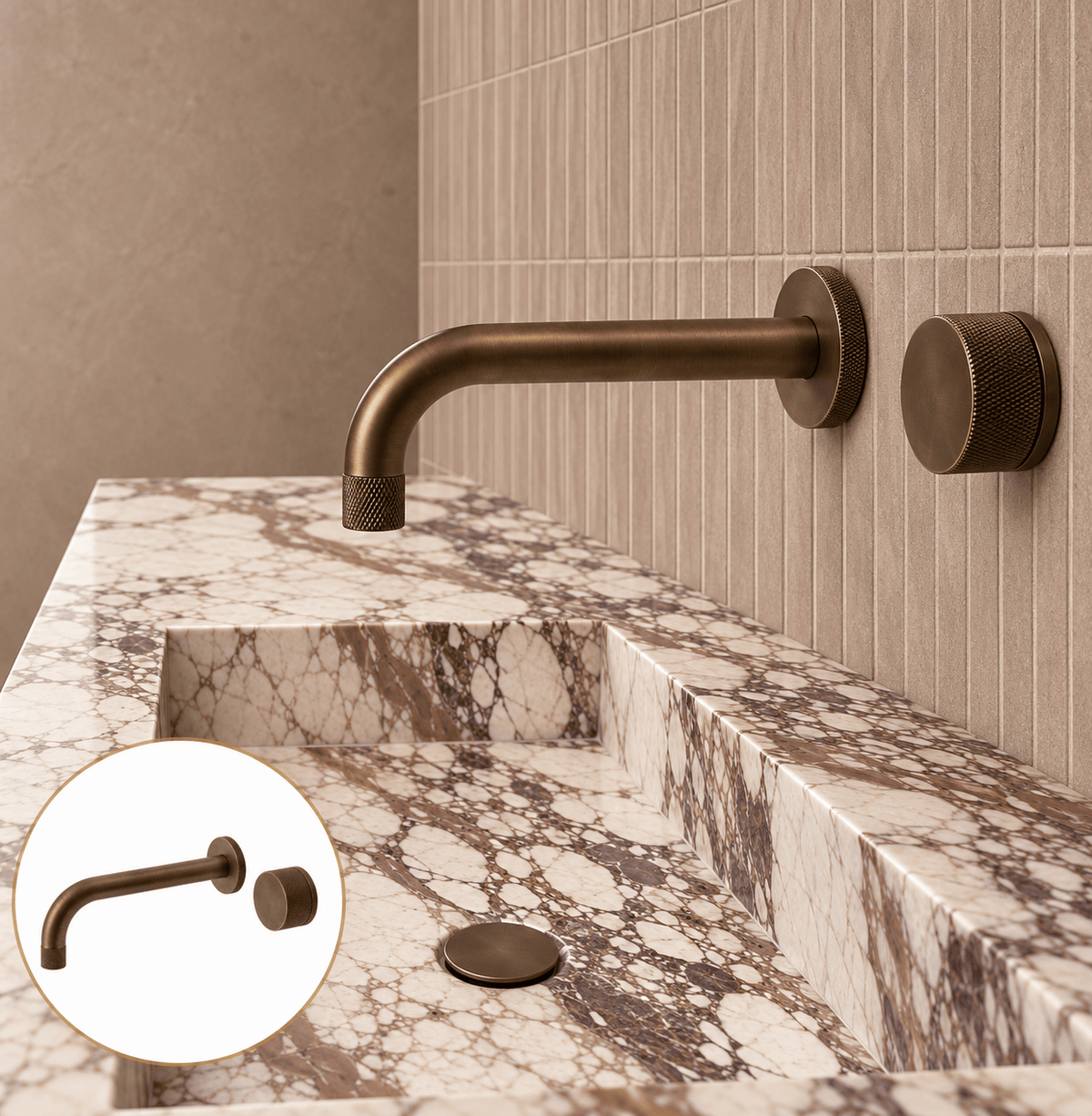 Bathroom Portsea Knurled Wall Mount Spout and Single Mixer - Antique Brass