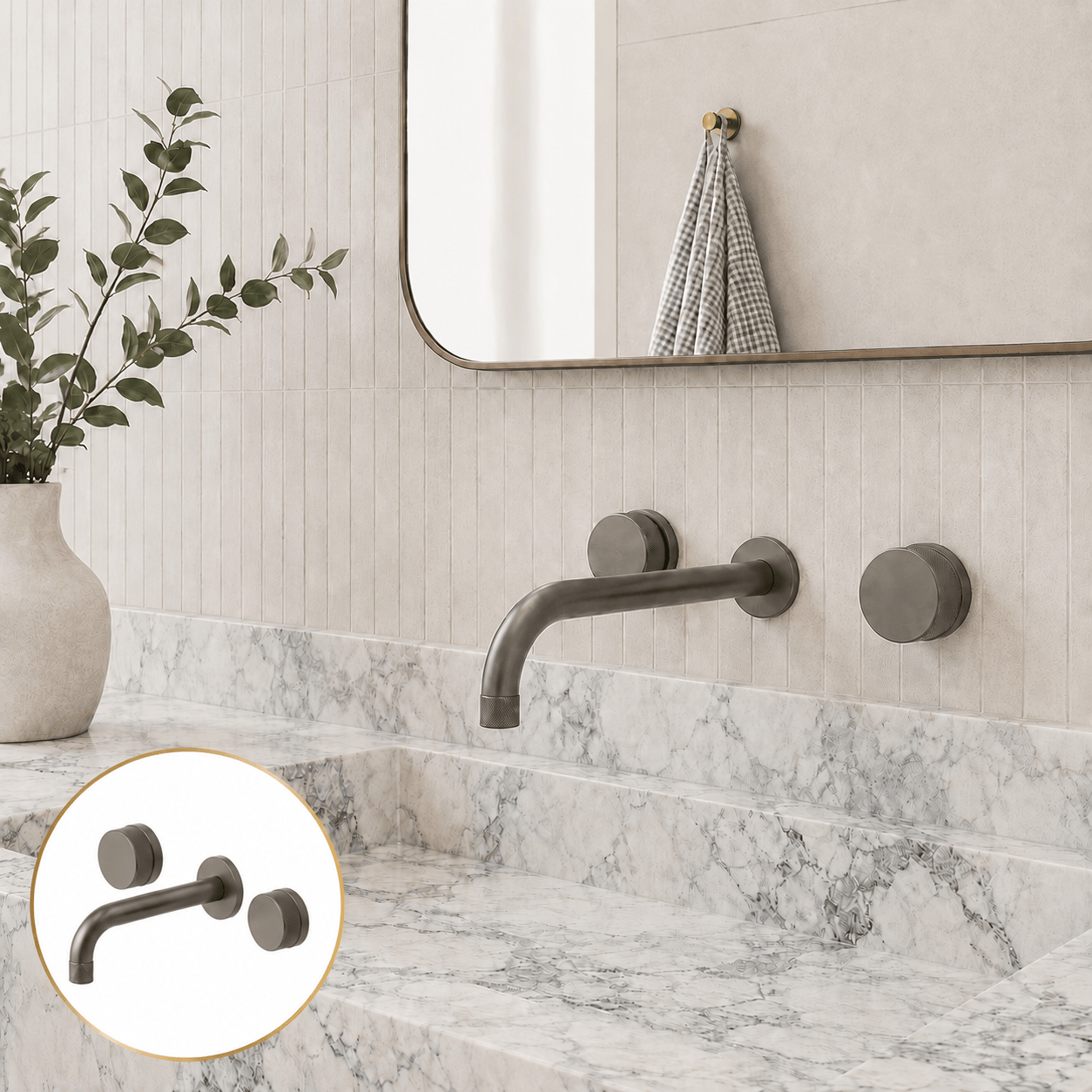 Bathroom Portsea Wall Knurled Wall Mount Spout and Dual Mixer - Gunmetal