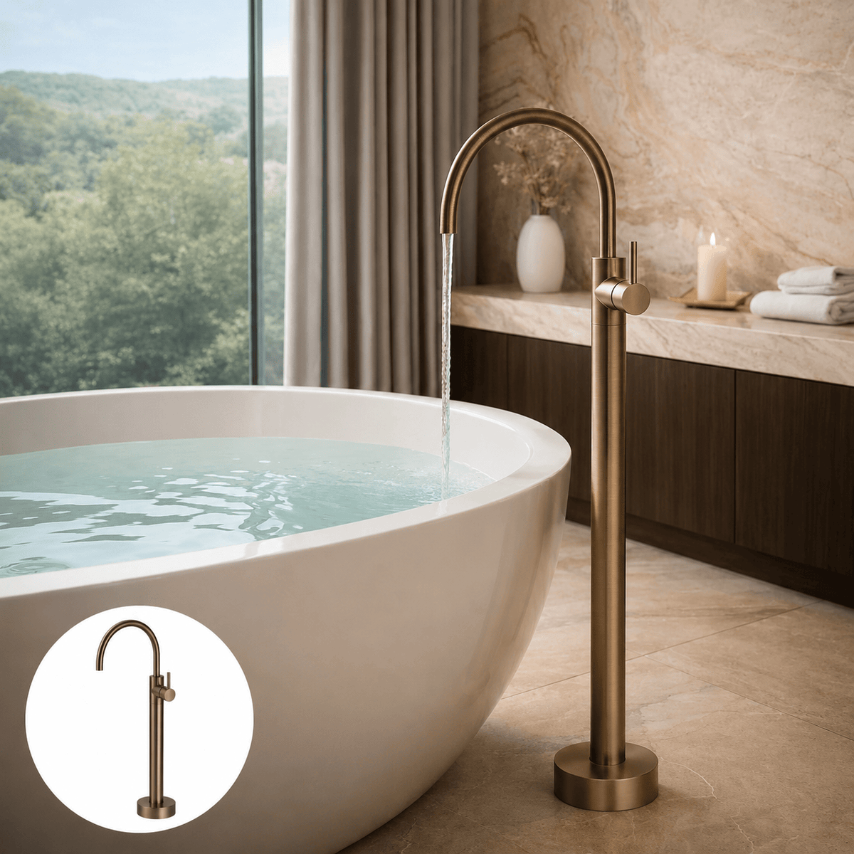 Bathroom Vaucluse Floor Mount Bath Tap - Antique Brass