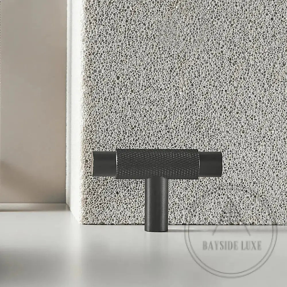 Cabinet Hardware 55 x 35mm T Bar / Black / Solid Brass Bayside Luxe - Sorrento Knurled Black Brass T Bar Handle