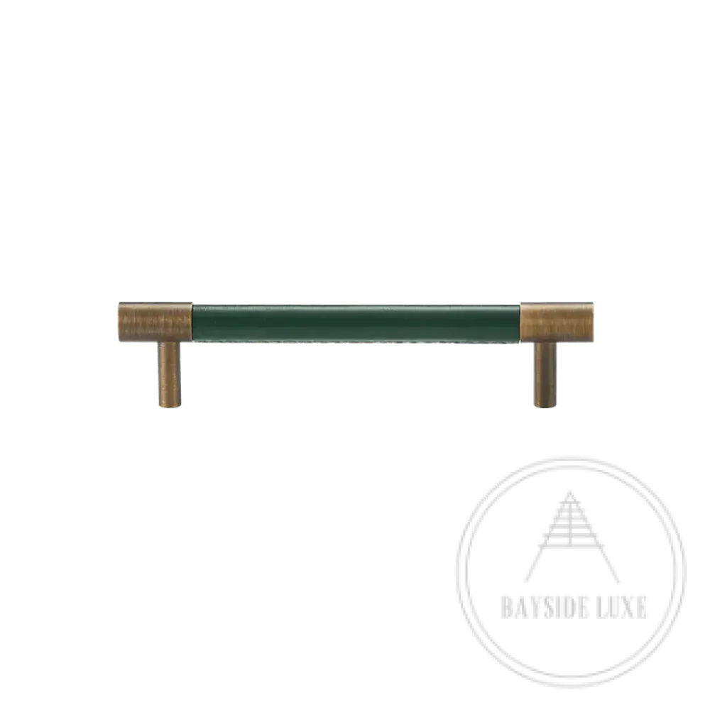 Cabinet Knobs & Handles 130 x 37mm (HS96) / Green / Solid Brass and Leather Bayside Luxe - Flemington Leather Bound Antique Brass Cabinetry Handles
