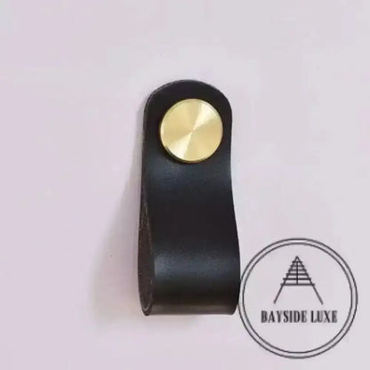 Cabinet Knobs & Handles 135 x 24mm / Black / Leather and Brass Bayside Luxe - Leather flat gold stud pulls