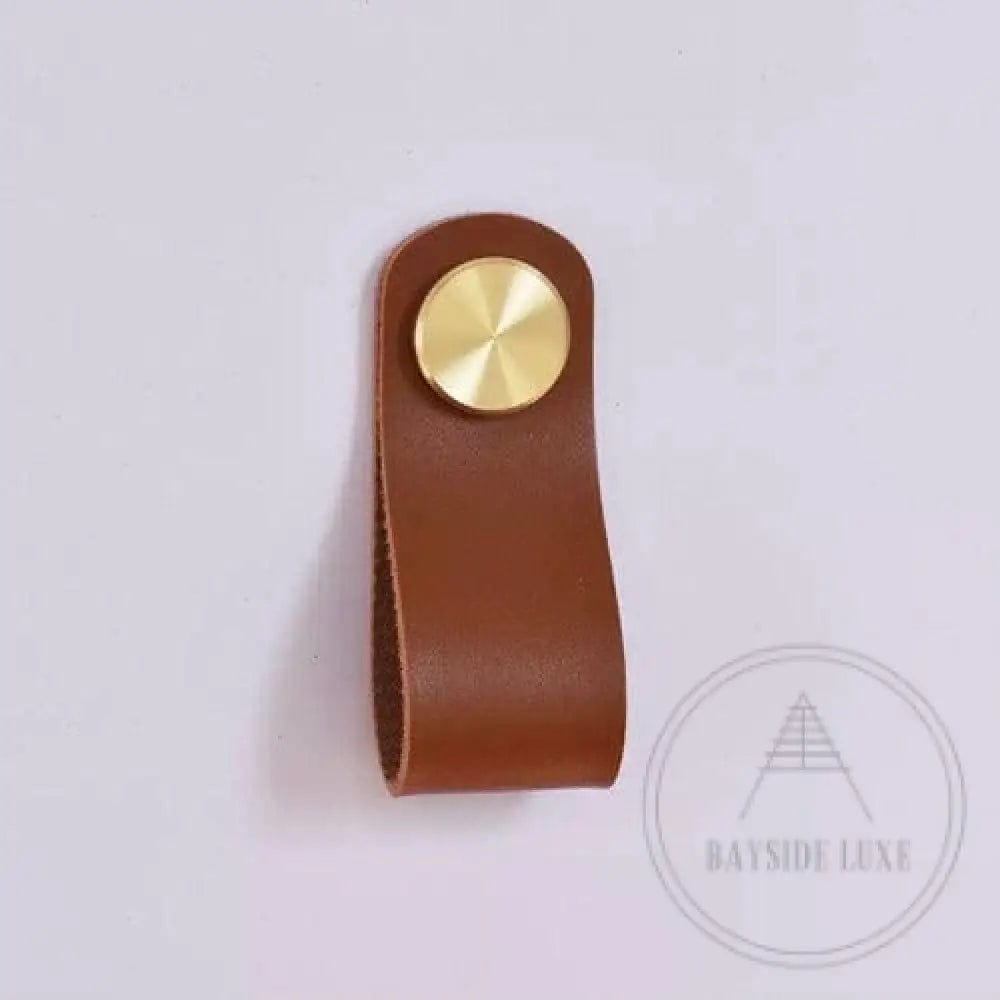 Cabinet Knobs & Handles 135 x 24mm / Brown / Leather and Brass Bayside Luxe - Leather flat gold stud pulls