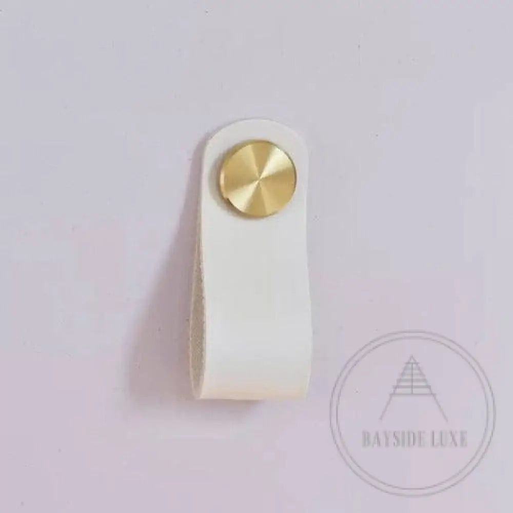 Cabinet Knobs & Handles 135 x 24mm / White / Leather and Brass Bayside Luxe - Leather flat gold stud pulls