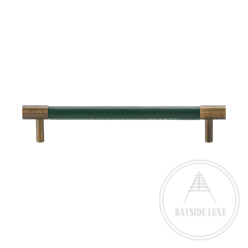 Cabinet Knobs & Handles 160 x 37mm (HS128) / Green / Solid Brass and Leather Bayside Luxe - Flemington Leather Bound Antique Brass Cabinetry Handles