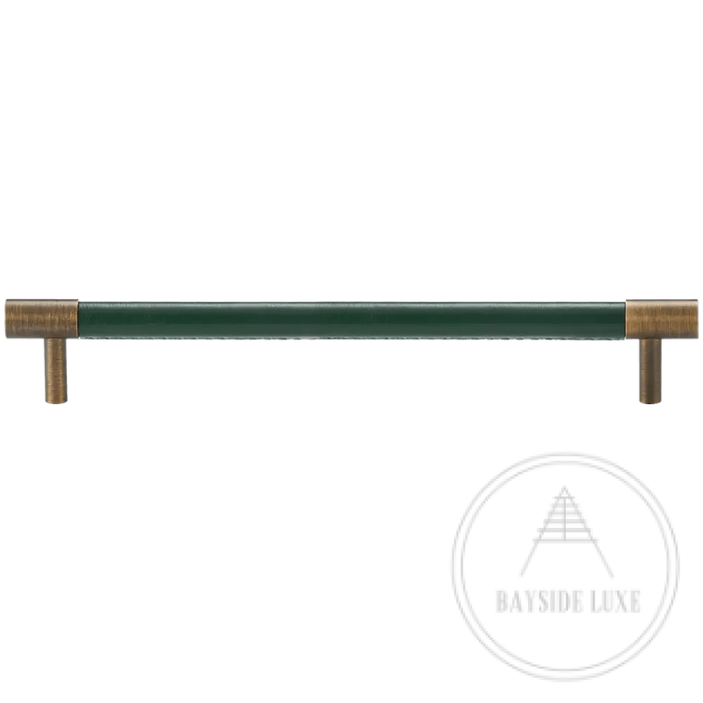 Cabinet Knobs & Handles 192 x 37mm (HS160) / Green / Solid Brass and Leather Bayside Luxe - Flemington Leather Bound Antique Brass Cabinetry Handles