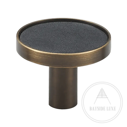 Cabinet Knobs & Handles 32 x 25mm / Black / Solid Brass and Leather Bayside Luxe - Flemington Leather Bound Antique Brass Cabinetry Handles