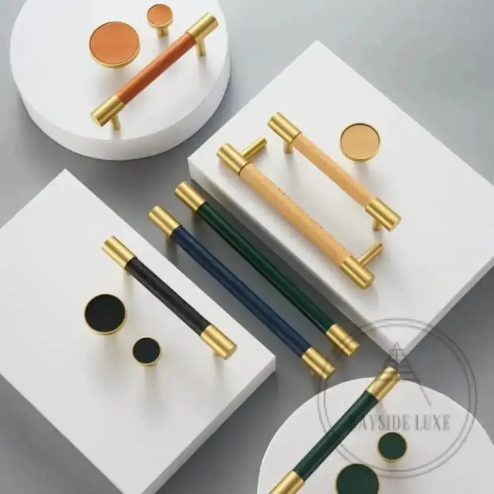 Cabinet Knobs & Handles 32 x 25mm / Black / Solid Brass and Leather Bayside Luxe - Flemington Leather Bound Satin Brass Cabinetry Handles