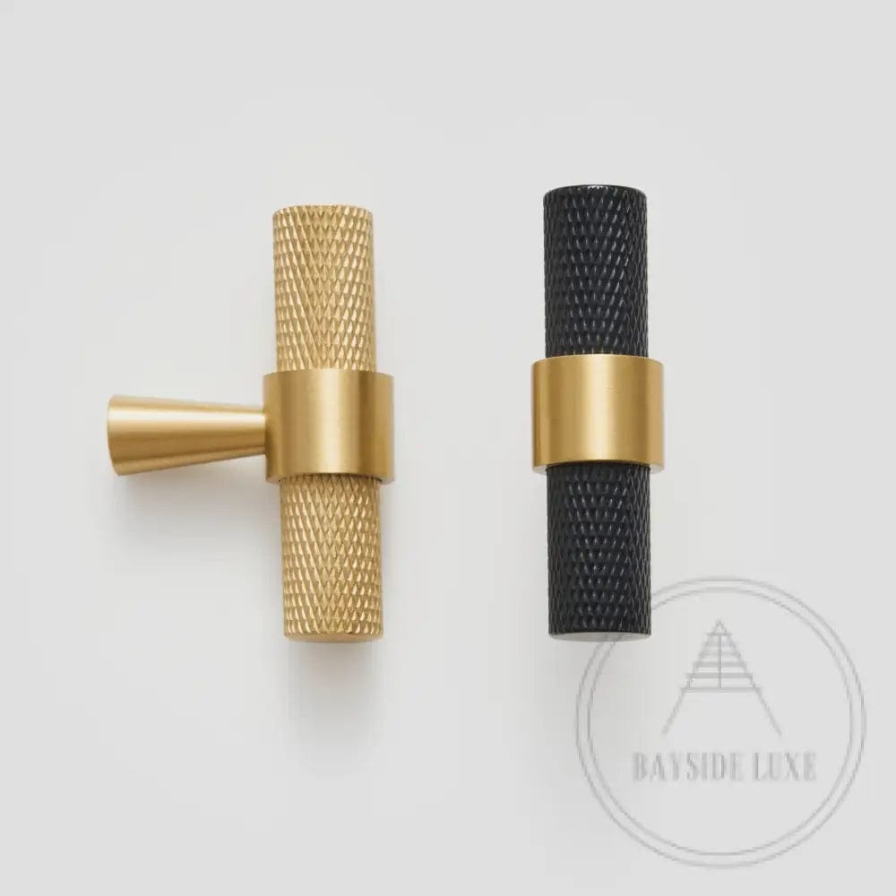 Cabinet Knobs & Handles 50 x 32mm T Bar / Brass / Solid Brass Bayside Luxe - Mount Eliza Gold Brass Knurled T Bar Handles