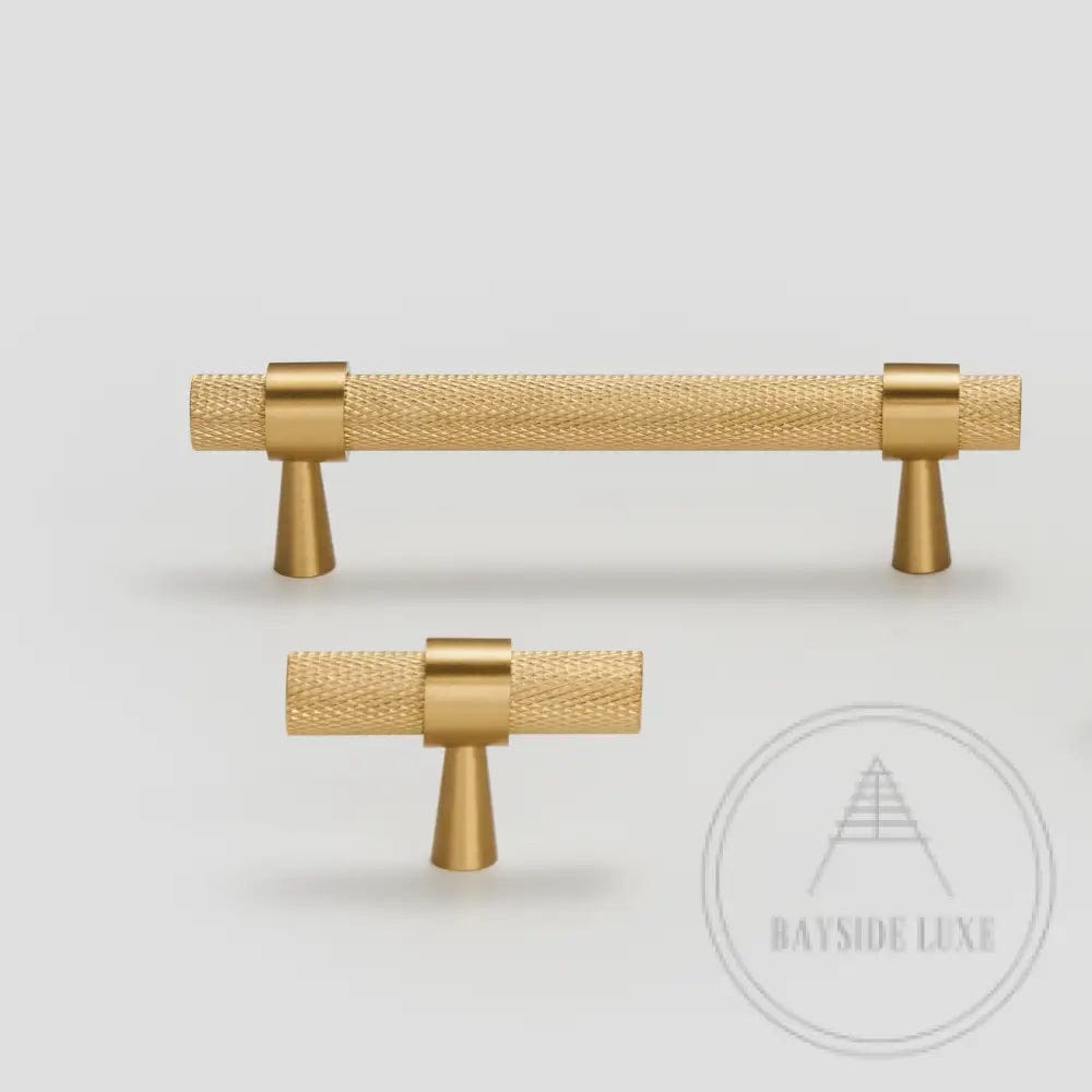 Cabinet Knobs & Handles 50 x 32mm T Bar / Brass / Solid Brass Bayside Luxe - Mount Eliza Gold Brass Knurled T Bar Handles