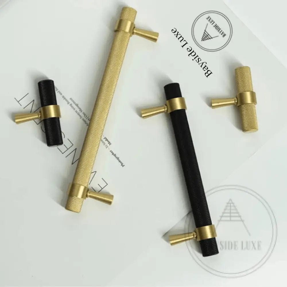 Cabinet Knobs & Handles 50 x 32mm T Bar / Brass / Solid Brass Bayside Luxe - Mount Eliza Gold Brass Knurled T Bar Handles