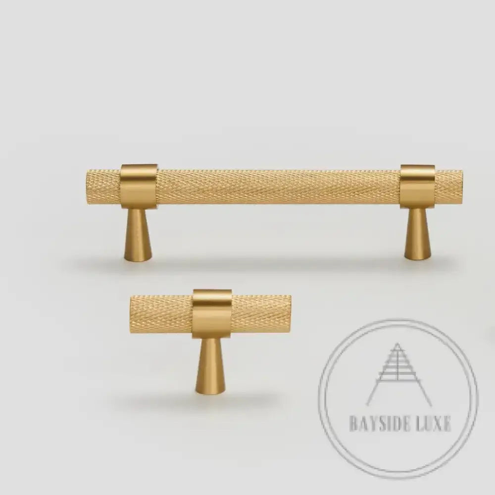 Cabinet Knobs & Handles 50 x 32mm T Bar / Brass / Solid Brass Bayside Luxe - Mount Eliza Satin Brass Brass Knurled T Bar Handles
