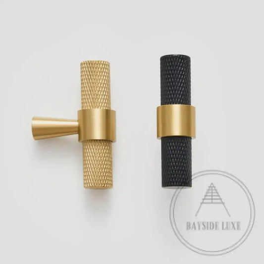 Cabinet Knobs & Handles 50 x 32mm T Bar / Brass / Solid Brass Bayside Luxe - Mount Eliza Satin Brass Brass Knurled T Bar Handles