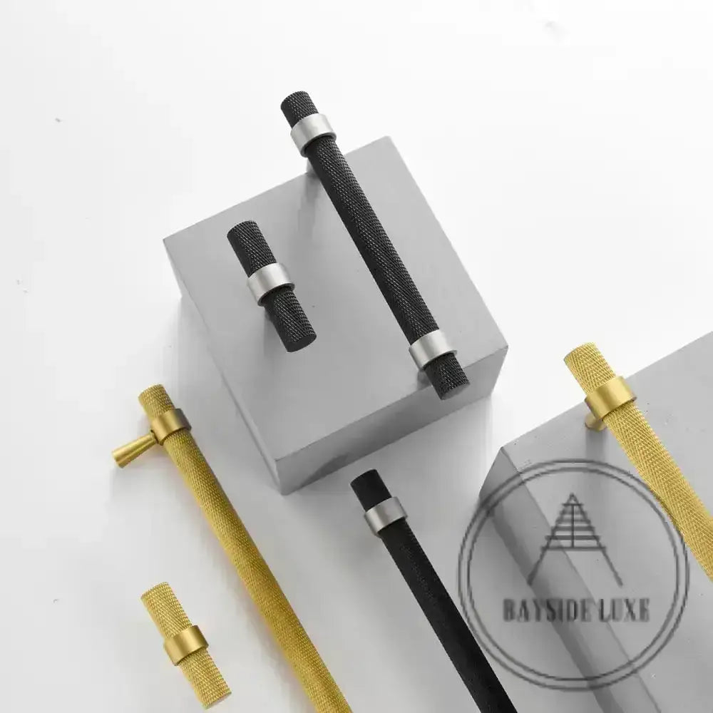 Cabinet Knobs & Handles 50 x 34mm T Bar / Black and Nickel / Solid Brass Bayside Luxe - Mount Eliza Black and Nickel Knurled T Bar Handle