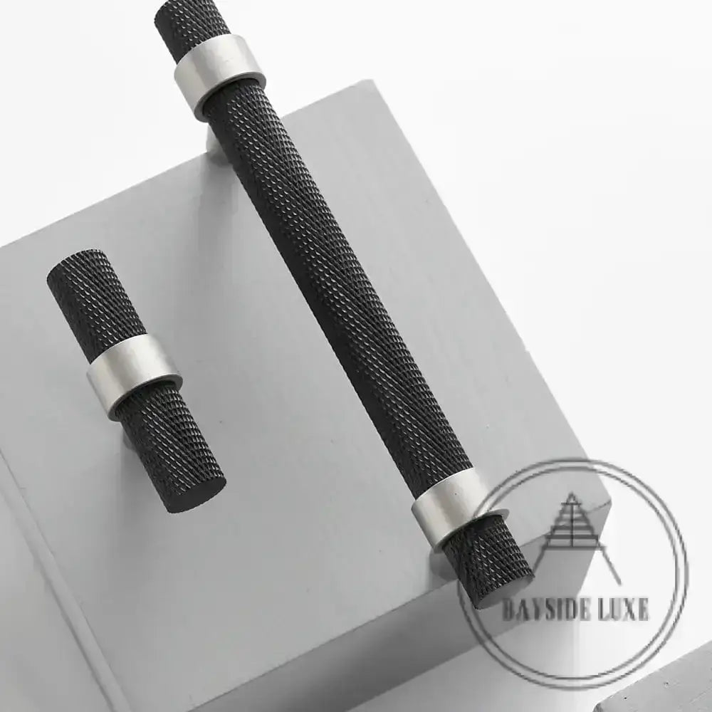 Cabinet Knobs & Handles 50 x 34mm T Bar / Black and Nickel / Solid Brass Bayside Luxe - Mount Eliza Black and Nickel Knurled T Bar Handle