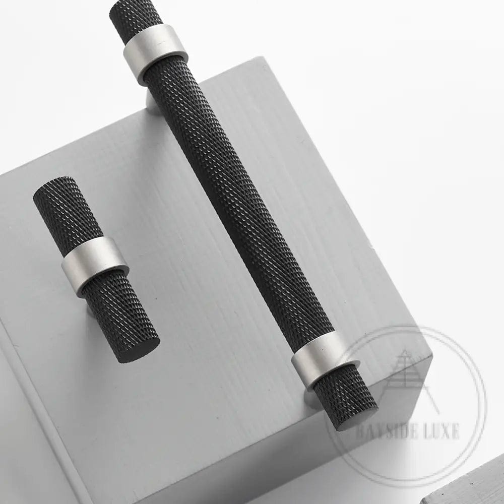 Cabinet Knobs & Handles 50 x 34mm T Bar / Black and Nickel / Solid Brass Bayside Luxe - Mount Eliza Black and Nickel Knurled T Bar Handle