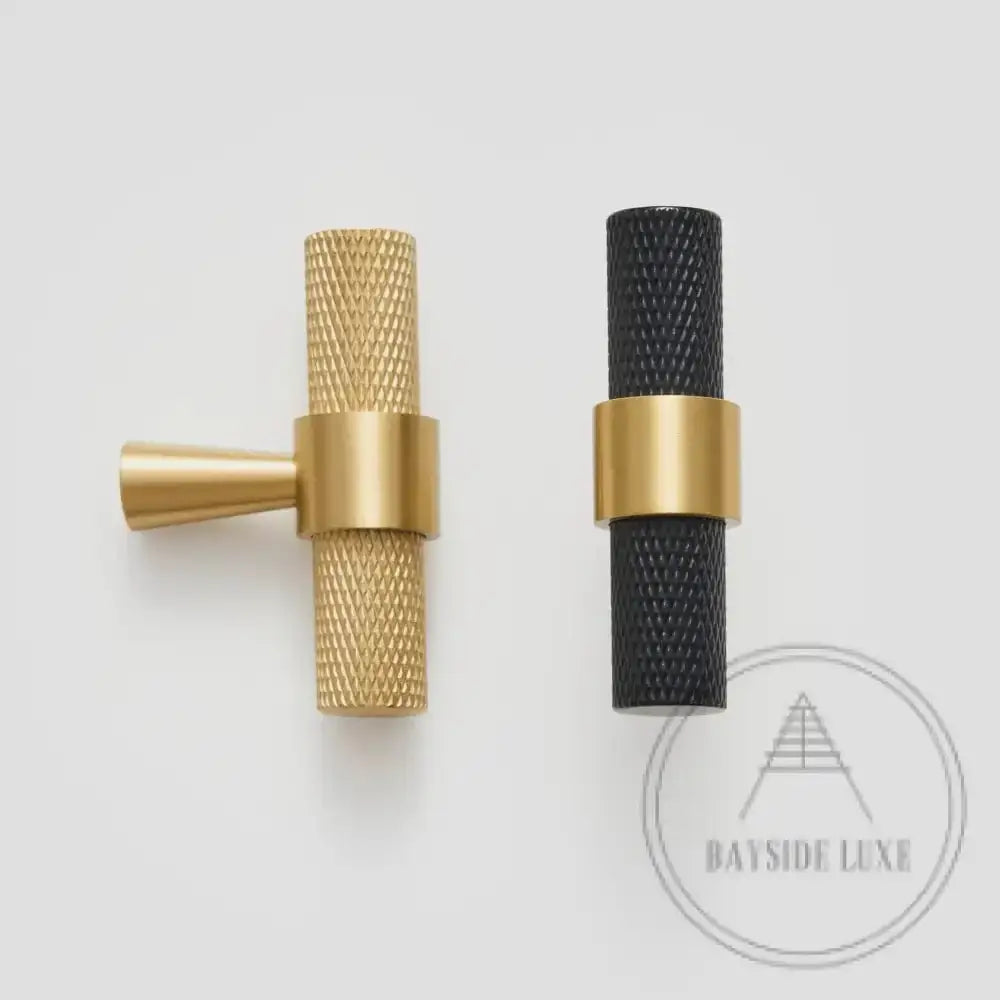Cabinet Knobs & Handles 50 x 34mm T Bar / Black and Satin Brass / Solid Brass Bayside Luxe - Mount Eliza Black and Satin Brass Knurled T Bar Handle