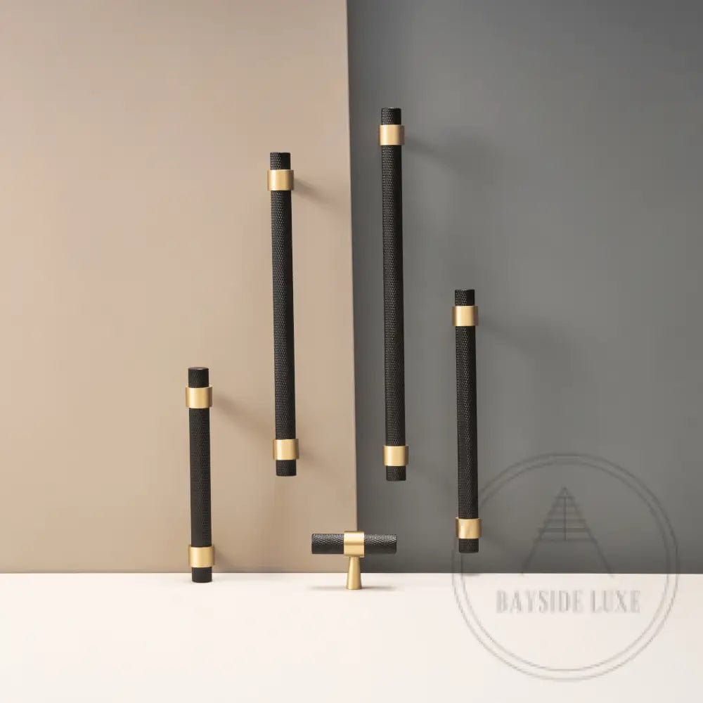 Cabinet Knobs & Handles 50 x 34mm T Bar / Black and Satin Brass / Solid Brass Bayside Luxe - Mount Eliza Black and Satin Brass Knurled T Bar Handle