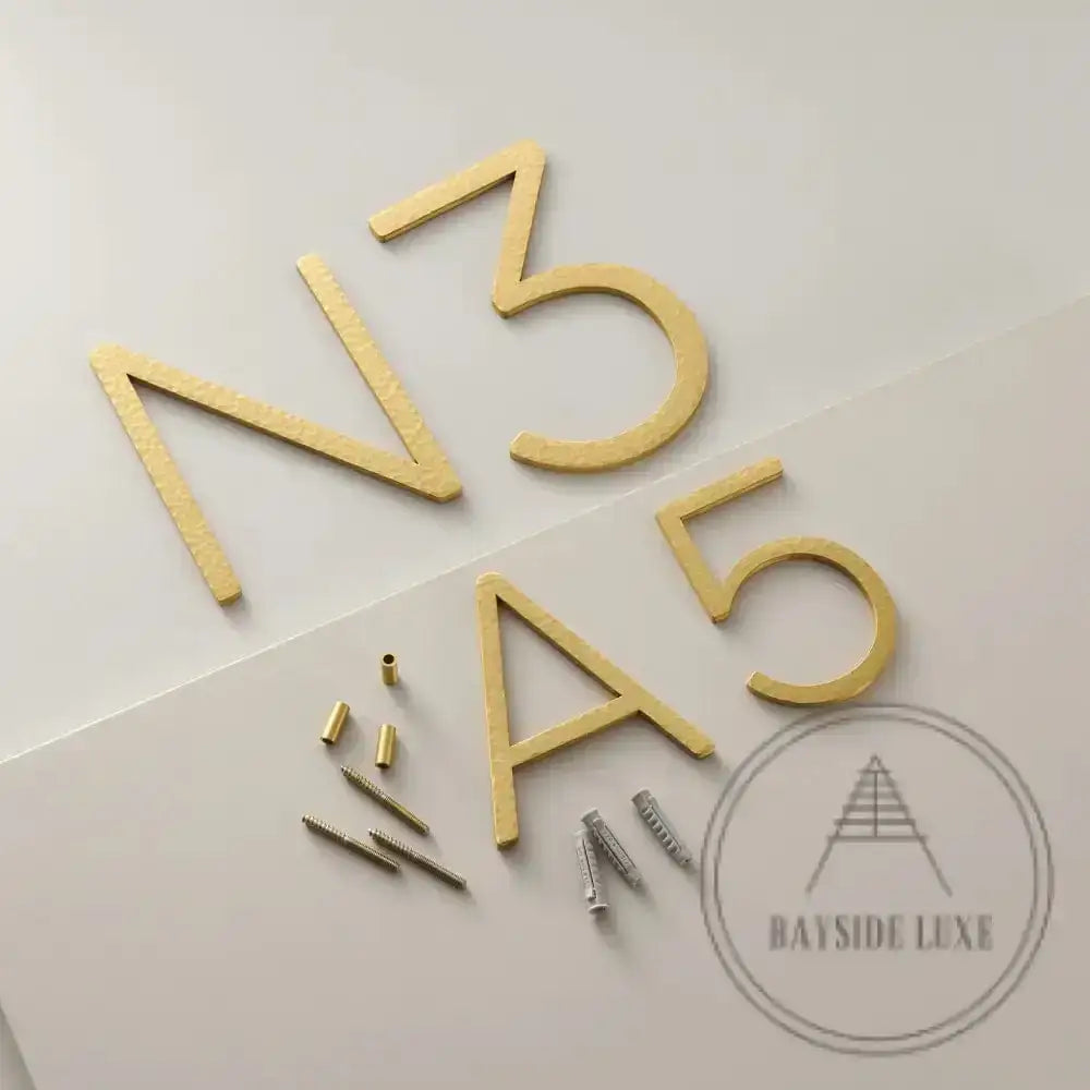 House Numbers and Letters Bayside Luxe Signage - Hammered Satin Brass Floating Numbers and Letters - Noosa 10cm