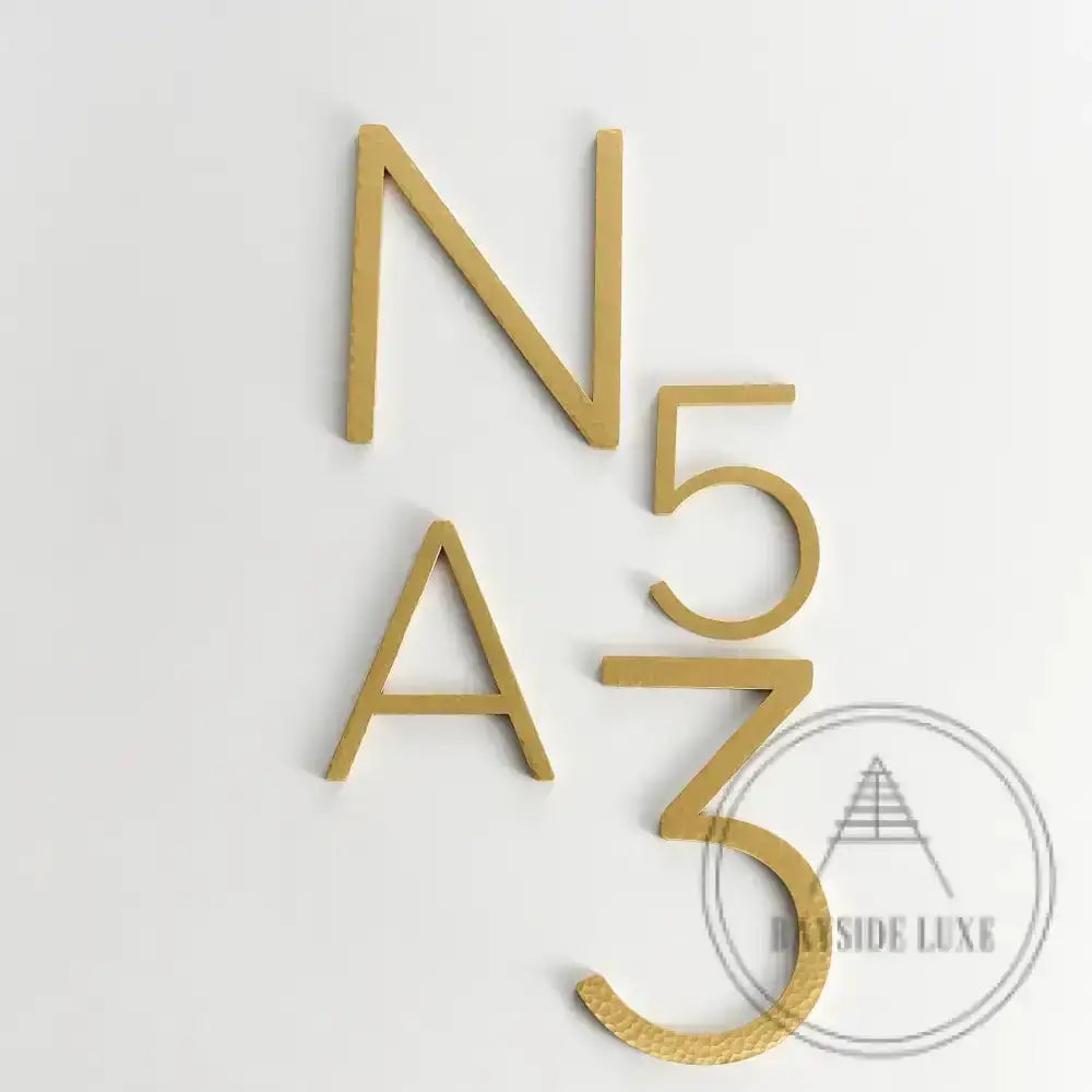 House Numbers and Letters Bayside Luxe Signage - Hammered Satin Brass Floating Numbers and Letters - Noosa 10cm
