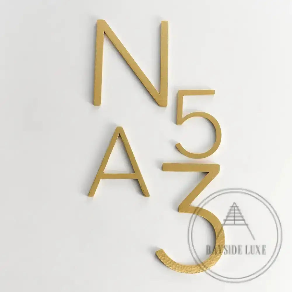 House Numbers and Letters Bayside Luxe Signage - Hammered Satin Brass Floating Numbers and Letters - Noosa 10cm