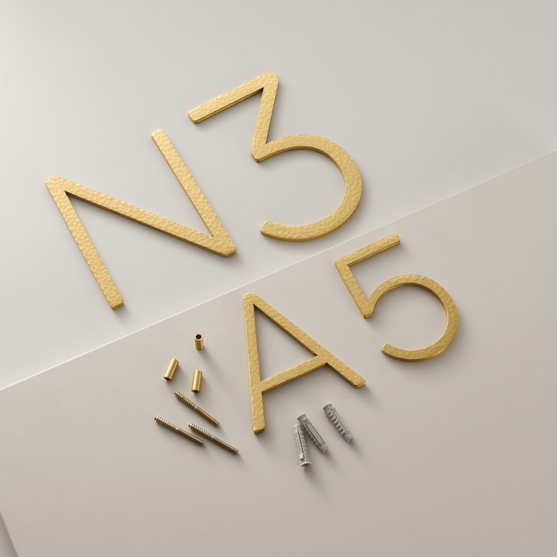 House Numbers and Letters Bayside Luxe Signage - Hammered Satin Brass Floating Numbers and Letters - Noosa 10cm