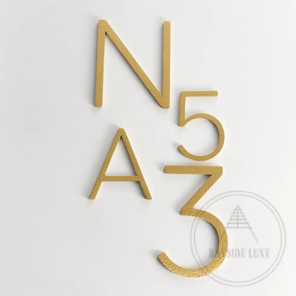 House Numbers and Letters Bayside Luxe Signage - Hammered Satin Brass Floating Numbers and Letters - Noosa 10cm