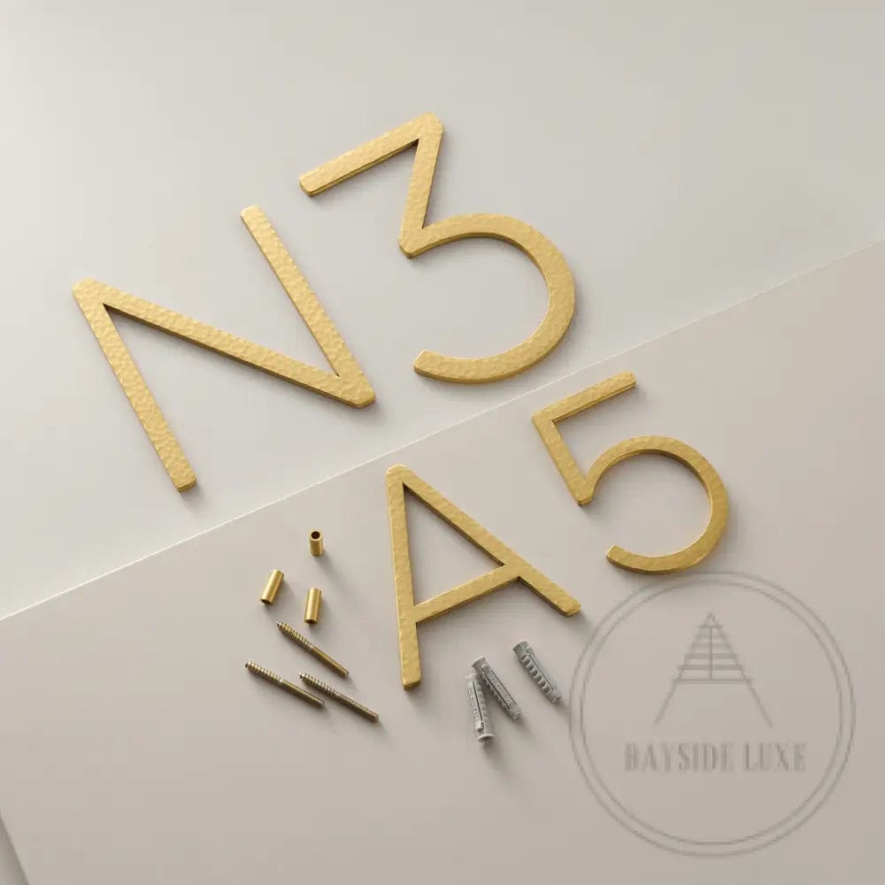 House Numbers and Letters Bayside Luxe Signage - Hammered Satin Brass Floating Numbers and Letters - Noosa 15cm