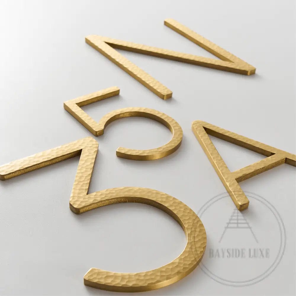 House Numbers and Letters Bayside Luxe Signage - Hammered Satin Brass Floating Numbers and Letters - Noosa 15cm