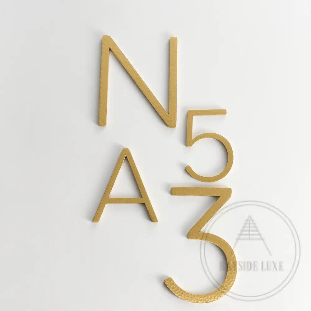 House Numbers and Letters Bayside Luxe Signage - Hammered Satin Brass Floating Numbers and Letters - Noosa 15cm