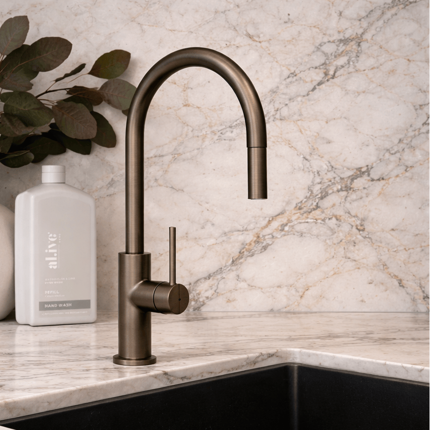 Kitchen Vaucluse Gooseneck Kitchen Mixer with Pullout Spray - Antique Brass