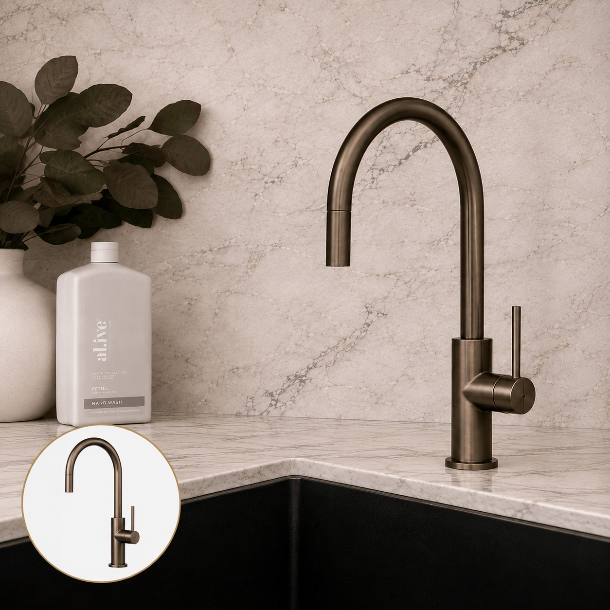 Kitchen Vaucluse Gooseneck Kitchen Mixer with Pullout Spray - Antique Brass